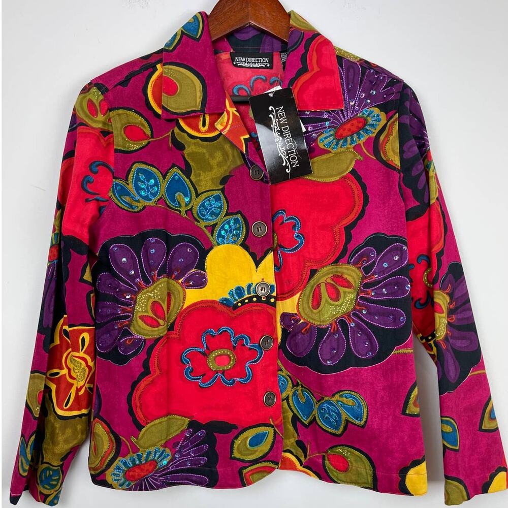 New Directions Floral Embroidery Jacket Red Womens Small NWT